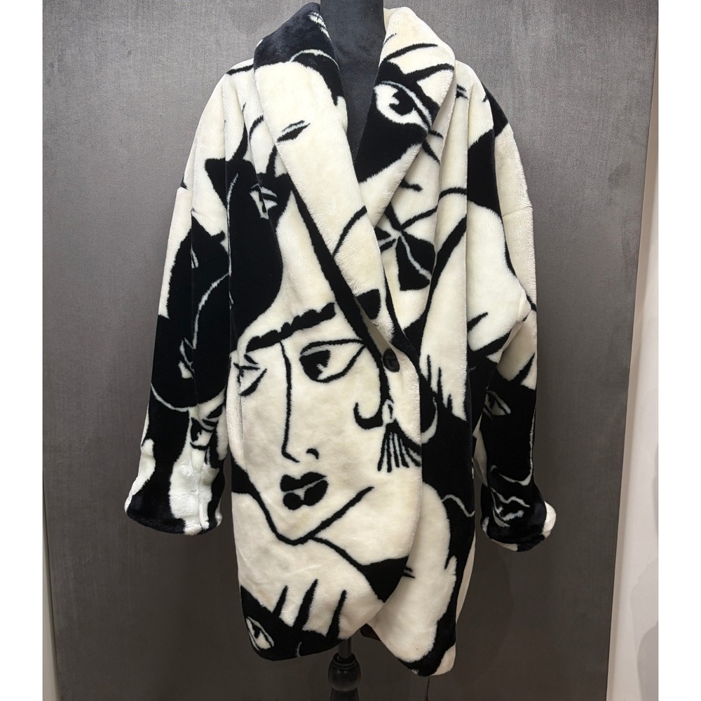 Vtg 80s Donnybrook Picasso Faces Faux Fur Coat Womens OS Abstract Art Rihanna